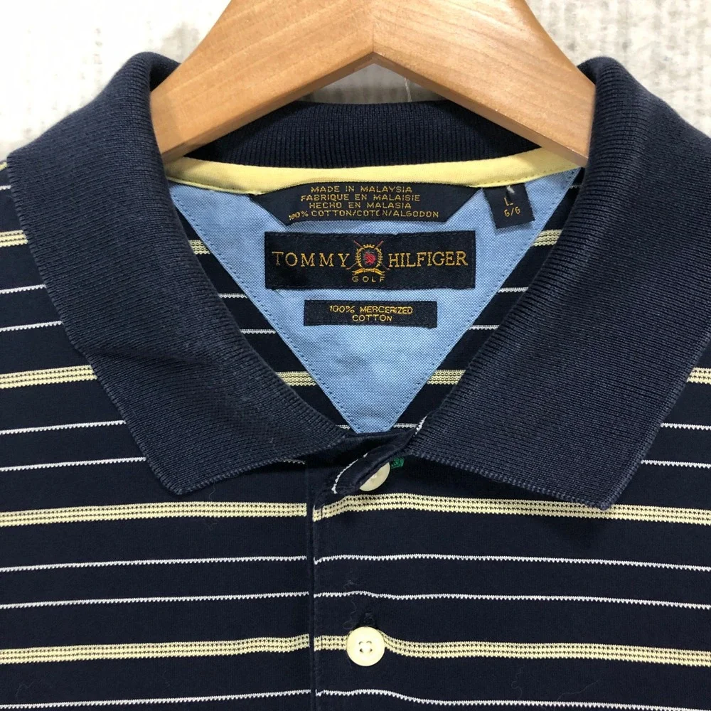 Tommy Hilfiger Golf Mens Polo Shirt Navy Blue Striped Mercerized Cotton Large - Picture 4 of 8